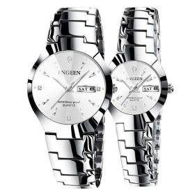 Relogio Feminino FNGEEN Couple Watch Men Quartz watch for Lovers Luxury Womens wristwatch Christmas Stainless Steel Waterproof (Color: Couple Silver White)