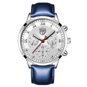 Fashion Mens Watches for Men Sports Luminous Clock Stainless Steel Quartz Wrist Watch Man Business Leather Watch montre homme (Color: Leather Blue White, size: 1)