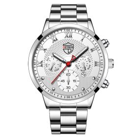 Fashion Mens Watches for Men Sports Luminous Clock Stainless Steel Quartz Wrist Watch Man Business Leather Watch montre homme (Color: Steel Silver White, size: 1)